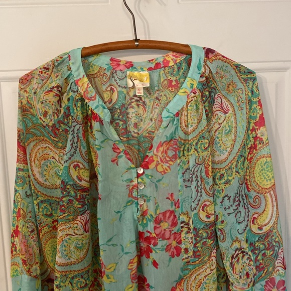 Anthropologie Fig and Flower Floral Sheer Flowy Button Top - Picture 3 of 12